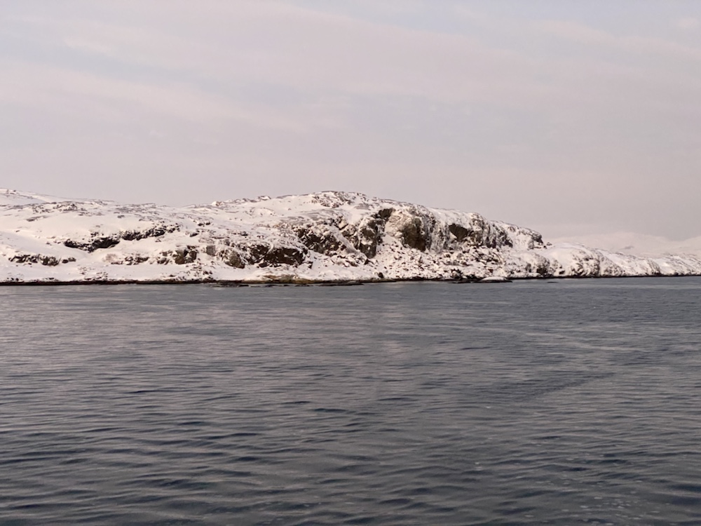 Ausblick von der MS Nordnorge auf das Meer und Küste bei Kirkenes
