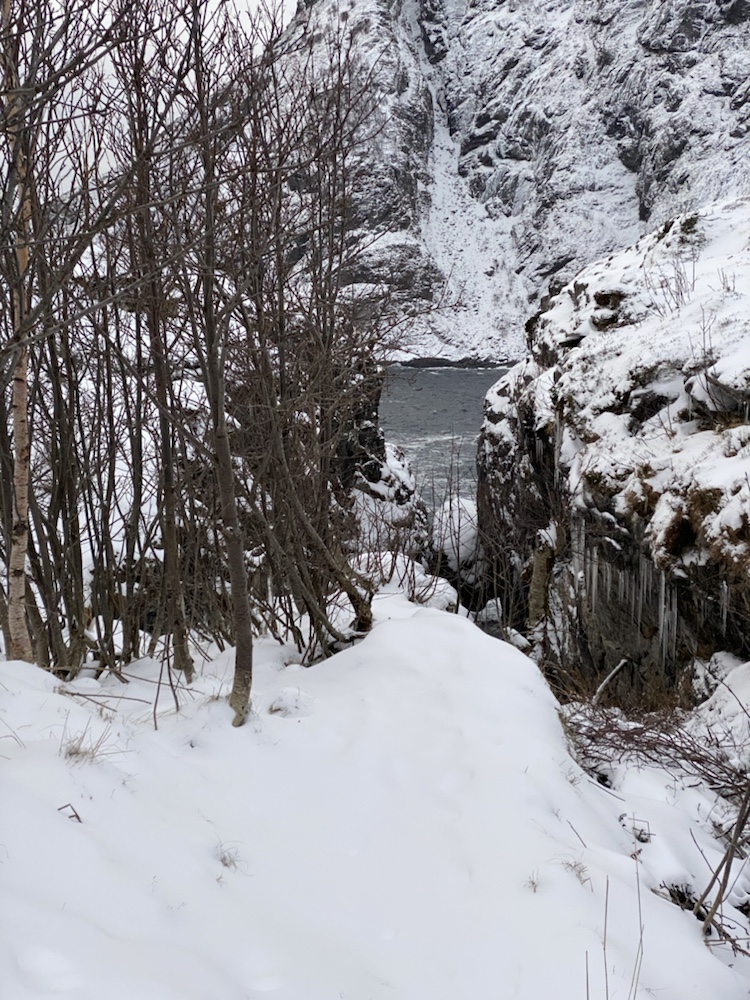 Ausblick auf Spaziergang in Å Schnee auf den Lofoten